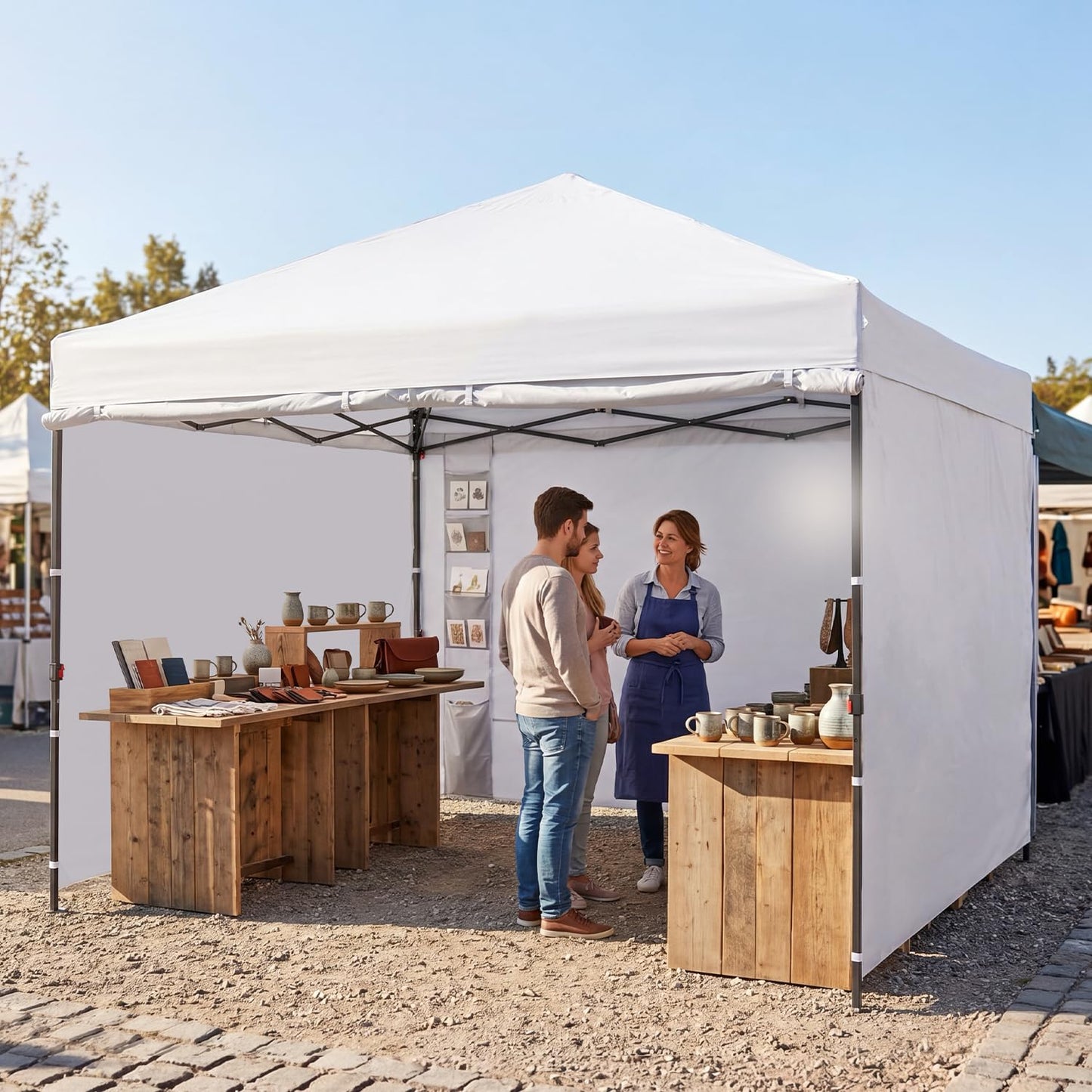 GAFETE 10X10 Comercial Pop Up Canopy Tent with 4 Sidewalls and 6 Pockets, One Push Setup Center Lock, Portable Instant for Beach Patio Outdoor Events, Case, 8 Stakes, 4 Ropes, 4 Sandbags (White)