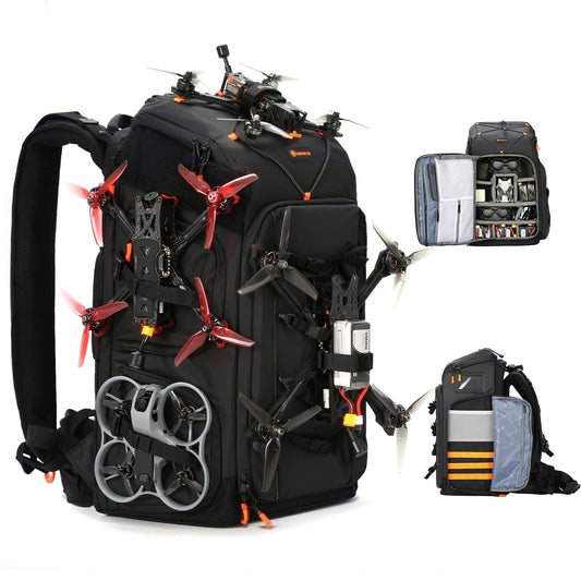 TARION FPV Drone Backpack 30L - Extra Large Camera Bag with 17in Laptop Compartment Waterproof Rain Cover - External Mounts for 7 Drones - FlightPro