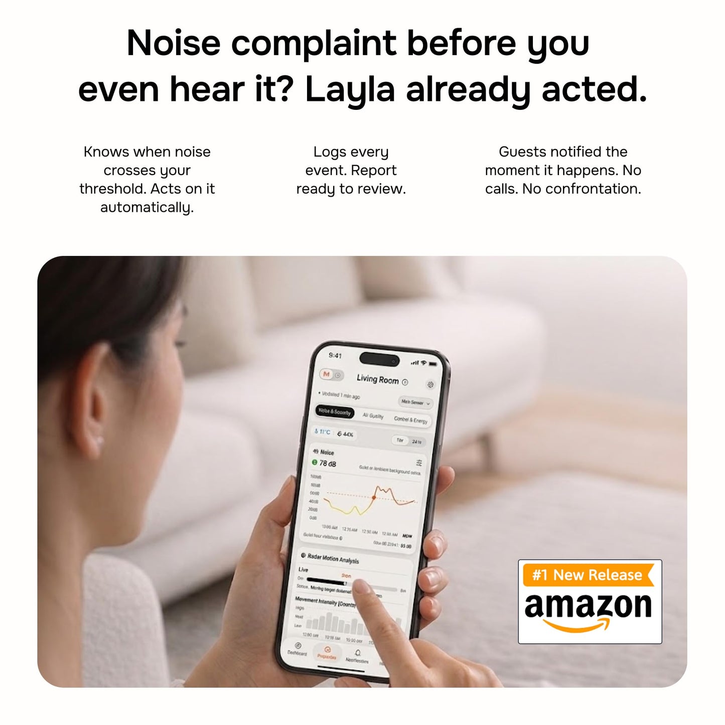 Layla Noise Monitoring Device for Airbnb, Rental, Office & Home | Noise & Occupancy Sensor with Radar-Based Motion Detection | Privacy-Safe Security Monitor | No Subscription