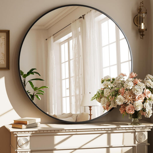 XRAMFY 40 Inch Round Mirror - Circle Mirrors for Bathroom, Entryway and Living Room Wall Decor, Modern Hanging Vanity Mirror, Matte Black Circle Decorative Wall Mirror