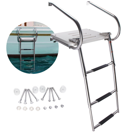 3-Step Boat Ladder with Swim Platform,Stainless Steel Dock Ladder with ABS Swim Platform 2 Handrails,500LBS Telescopic Boarding Ladder Dive Ladder for Pontoon Yacht