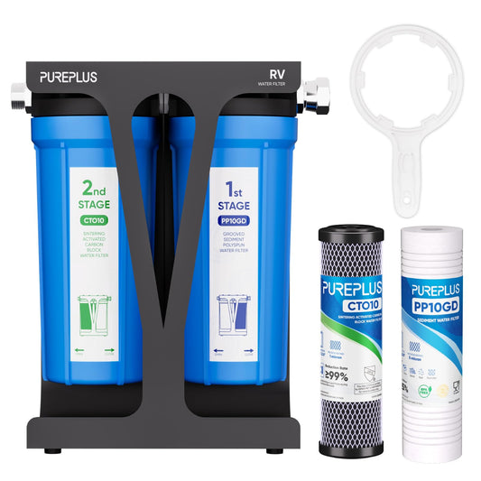 PUREPLUS RV Dual Stage Water Filter System with Grooved Sediment and Carbon Cartridges, NSF/ANSI 42 Certified, Stainless Steel 3/4" Fittings, Reduces Sediment, Chlorine, Odors and More