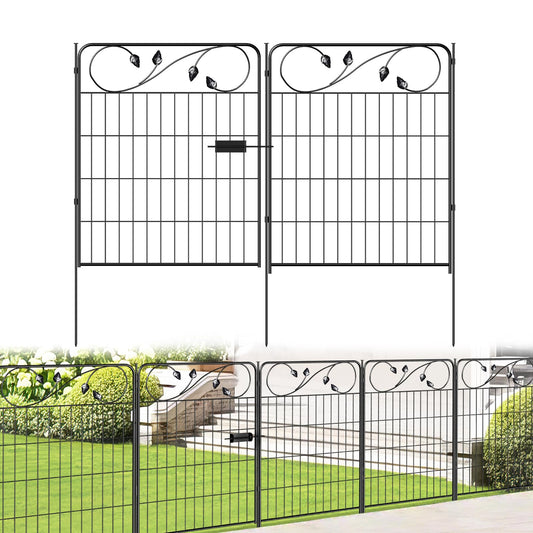 FOREHOGAR Decorative Metal Garden Fence 30in(H) X16ft(L) 1 gate+7 Panels Temporary Dog Fence Border for Landscape Patio Outdoor with gate, No dig Garden Fencing Gates for Yard