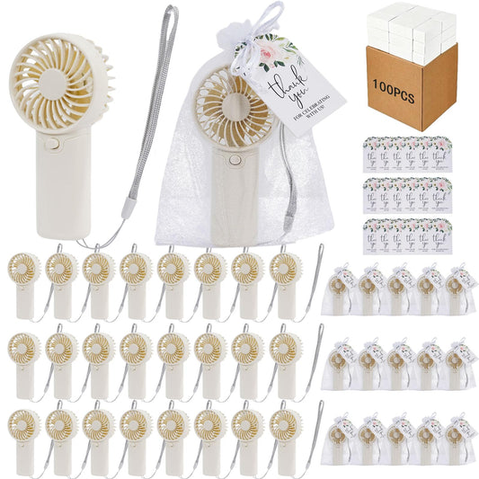 PROY 100 Pack Mini Fans Bulk, Portable Fan Bulk with Thank You Cards and Gift Bags, Wedding Favors Sets with Lanyard for Bridal Shower, Travel and Summer Beach Party
