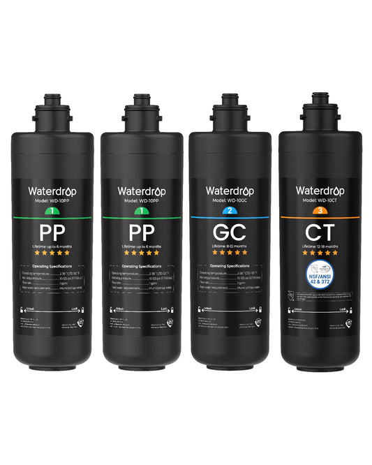 Waterdrop TSA 3-Stage Replacement Water Filter, 1-Year Replacement Pack, 4-Pack (2 x 10PP, 1 x 10GC, 1 x 10CT), Replacement for Waterdrop TSA & TSB 3-Stage Under Sink Water Filtration System
