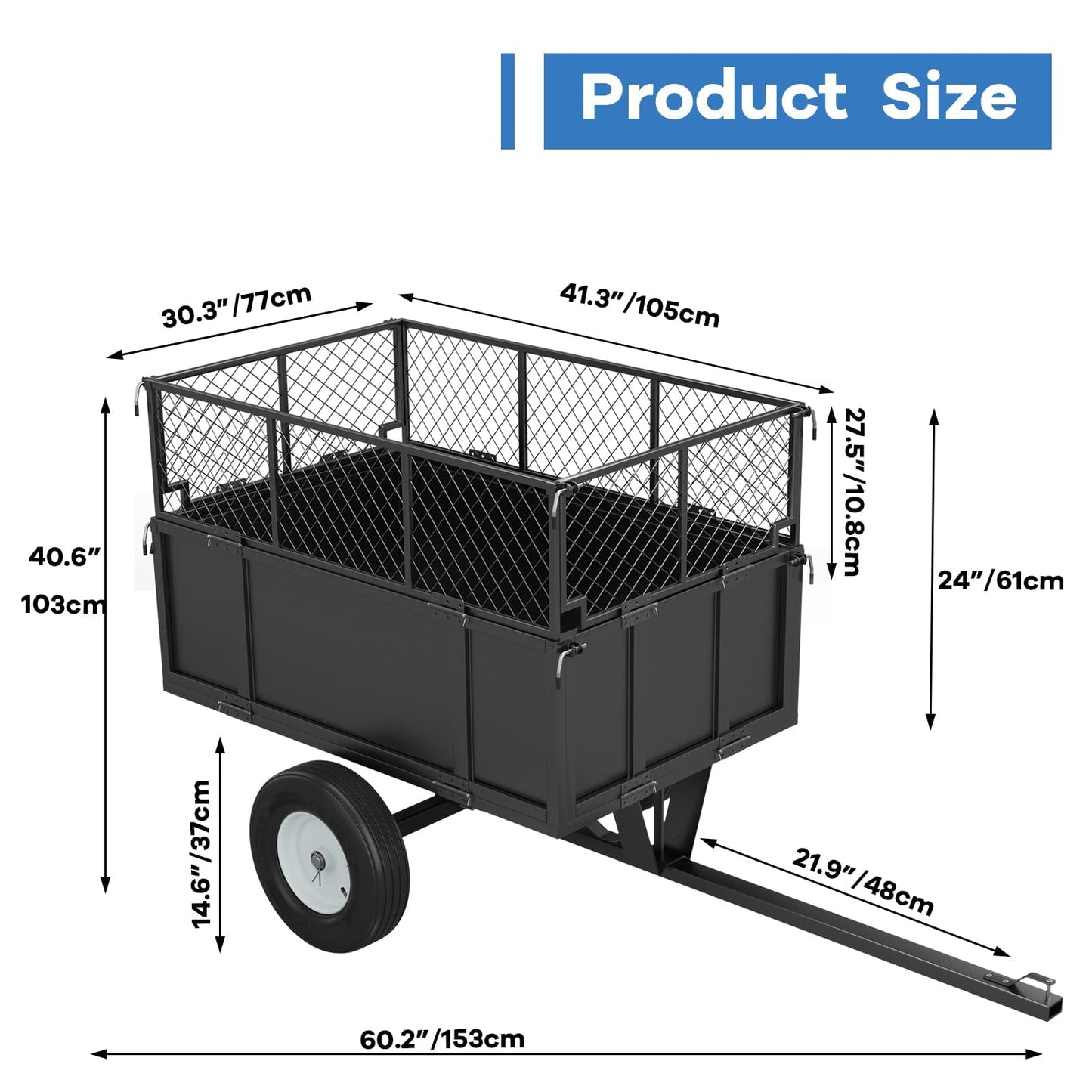 GarveeLife Heavy Duty 750 lbs Steel Garden Dump Cart for ATV/UTV – 17 Cu Ft Utility Trailer – Removable Sides, Pneumatic Tires, Quick-Dump – Yard Cart for Lawn Tractor, Mower, Farm & Landscaping
