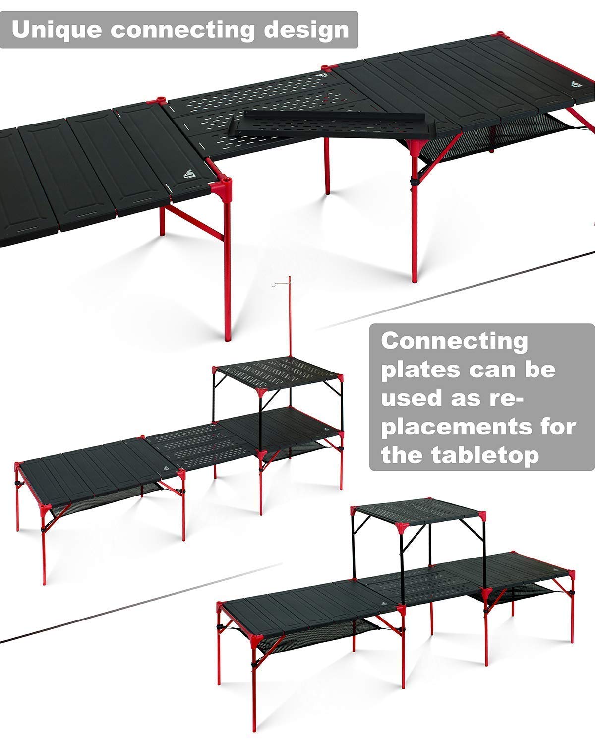 iClimb 2 Extendable Folding Table and 1 Pack Connecting Plates and 2 Lantern Hanger Bundle, Ultralight Compact for Camping Backpacking Beach Concert BBQ Party