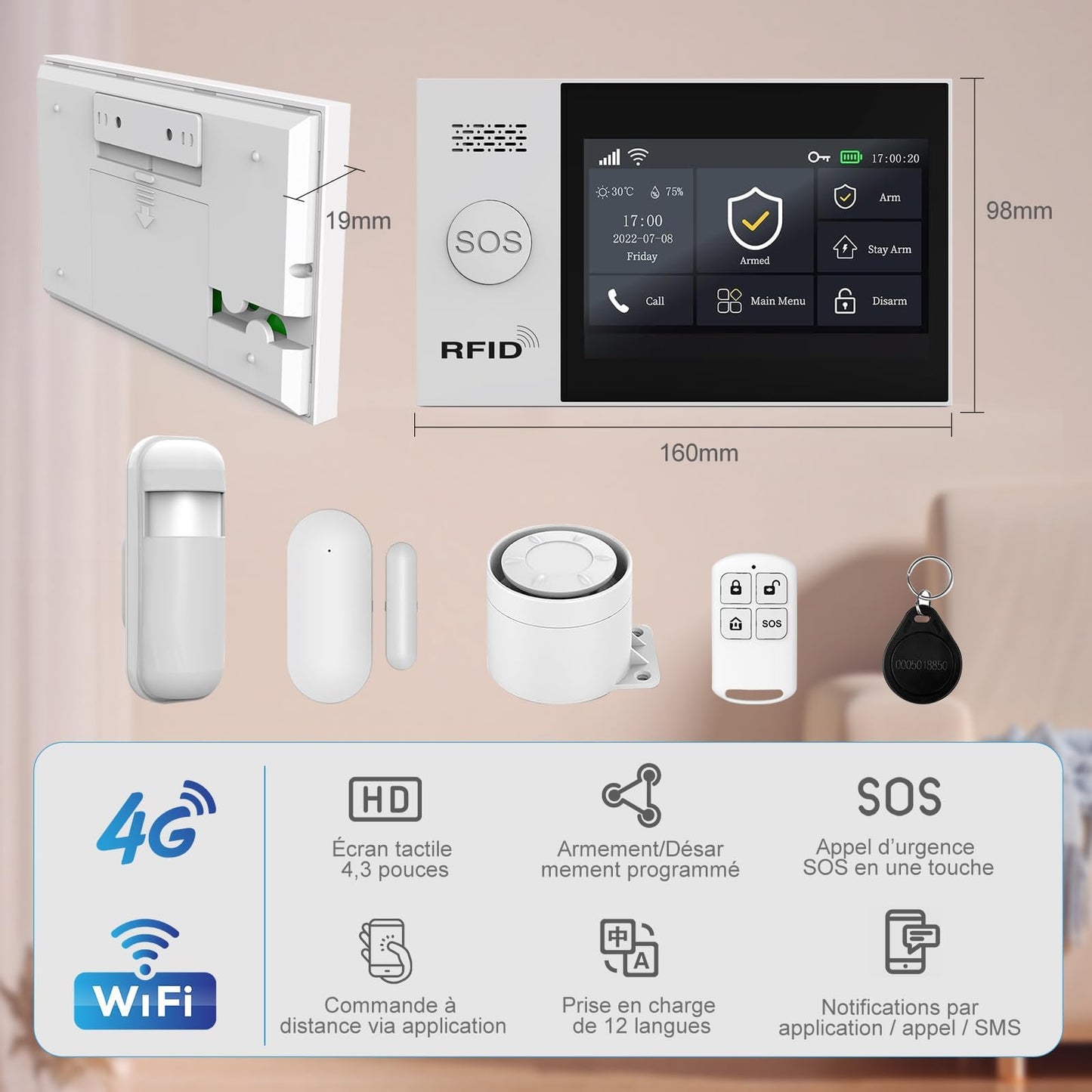 WiFi Wireless Alarm System for Home Security - 24/7 Protection Smart Home Devices 4.3" Touch Screen, GSM/4G+WiFi, App Instant Alerts, No Monthly Fee, Alexa Compatible for Villa, Kids Safety (21pcs)