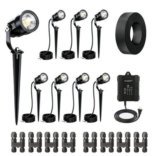 YANEGRT Low Voltage Landscape Lighting Kit, 8 Pack 5W LED Spotlight, 550LM IP65 Waterproof Outdoor Lights with Dusk to Dawn Timer Transformer, 65FT Cable 2700K for Garden Yard Path