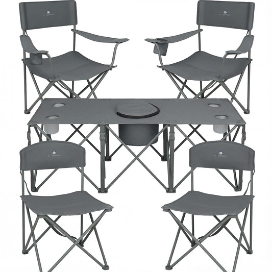 Camping Chair Set of 5,Outdoor Folding Lawn Chairs with Table for Adults,Heavy Duty Collapsible Chair Include Four Single Chairs and Camping Table with Cooler Bag for Travel Fishing Sport Picnic,Grey