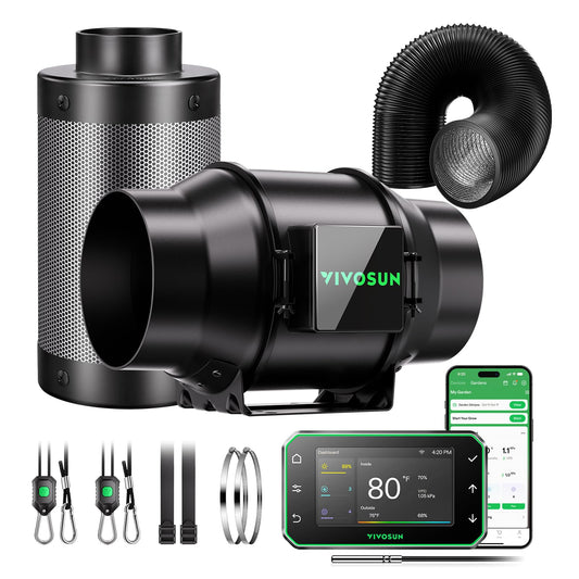 VIVOSUN Smart Air Filtration PRO G6 Kit 6", AeroZesh G6 Inline Duct Fan w/GrowHub E42A+ Temp. Humidity WiFi-Controller, Carbon Filter & Ducting, Cooling & Ventilation System for Grow Tent, Hydroponics