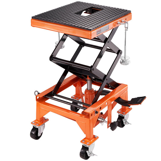 VEVOR Hydraulic Motorcycle Lift Table, 350 lbs Capacity Motorcycle Scissor Jack Lift with Wide Deck, J-Hooks, 4 Wheels, Hydraulic Foot-Operated Jack Stand for ATV Dirt Bikes