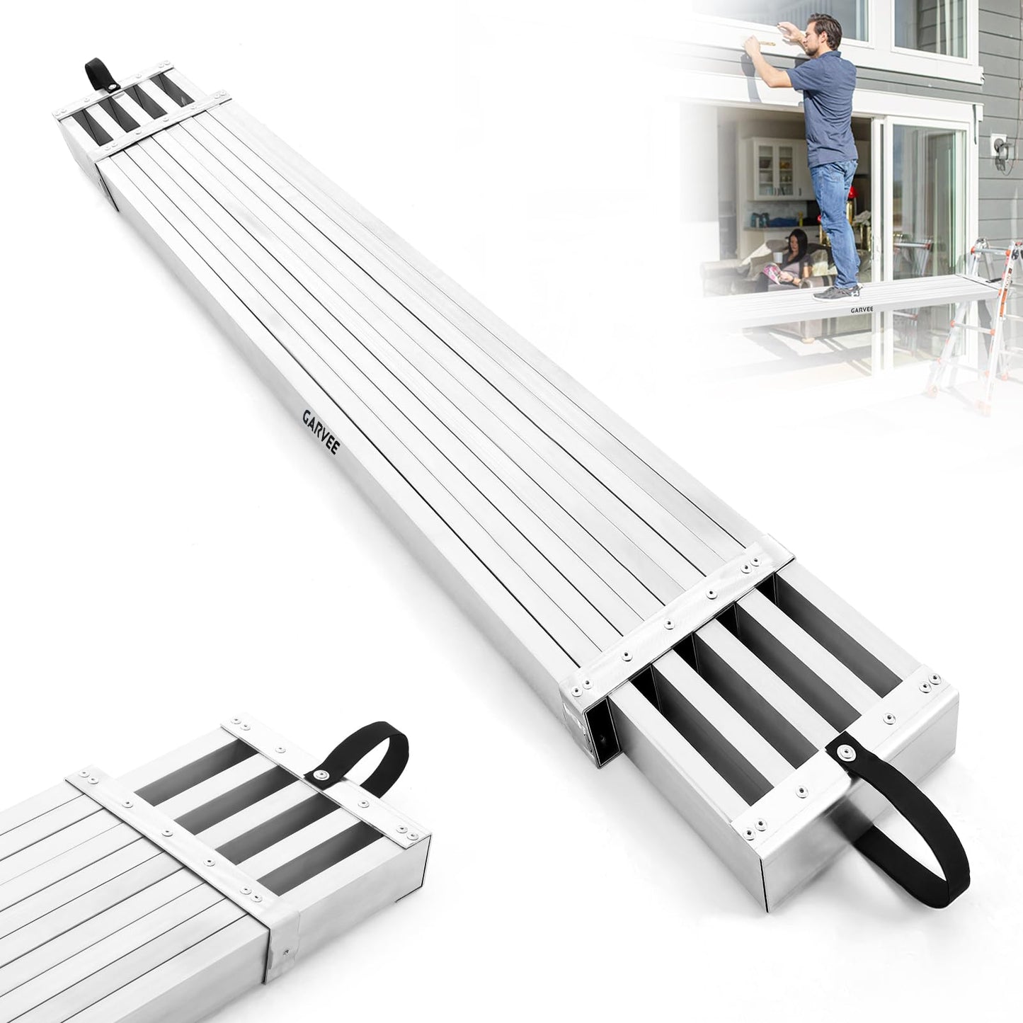 Garvee 9-15FT Aluminum Telescoping Work Plank, 12.5 inch Width Extension Plank, 440Lbs Capacity Extension Boards, Adjustable Scaffolding Plank with Skid-Proof Platform Scaffold Ladder Accessory