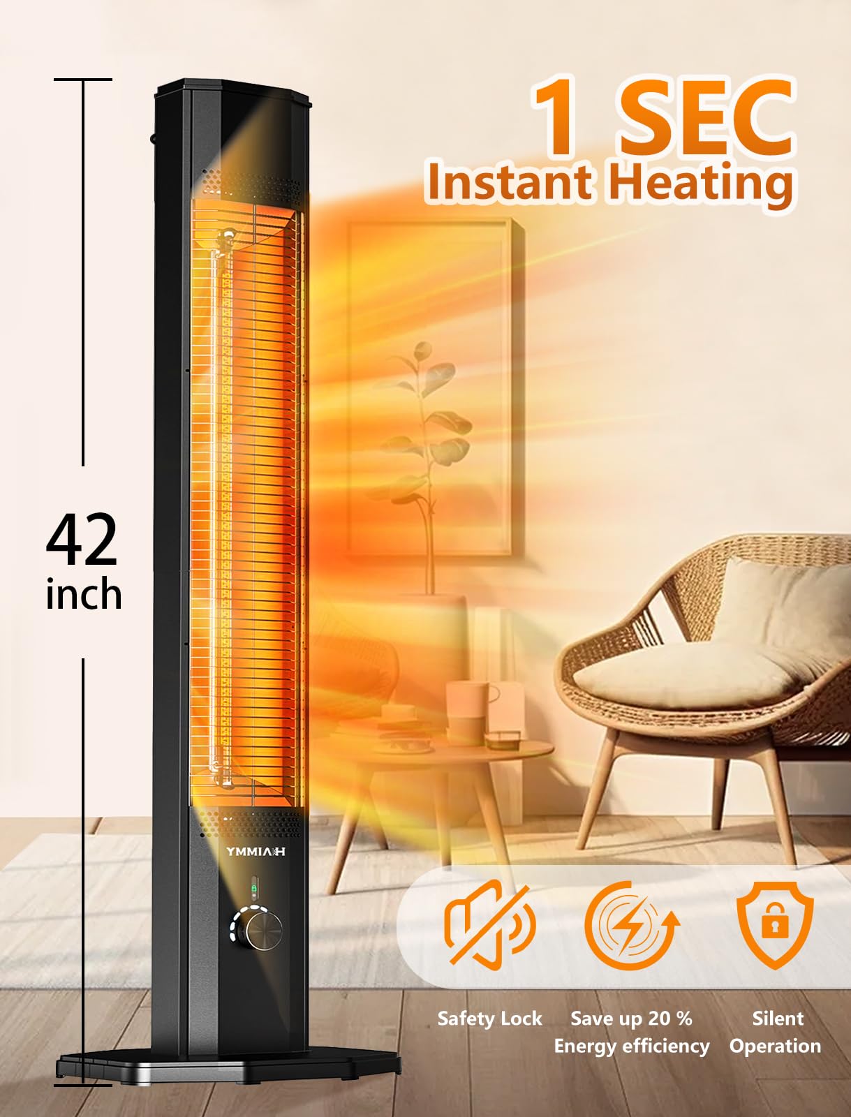 Outdoor Electric Patio Heater, Haimmy 42in Infrared Heater with Remote, 9 Heat Levels, 9H Timers, 1500W Instant Heating, Safety Lock, Tip-Over & Overheat Protection, IPX5 Waterproof Tower Space Heater