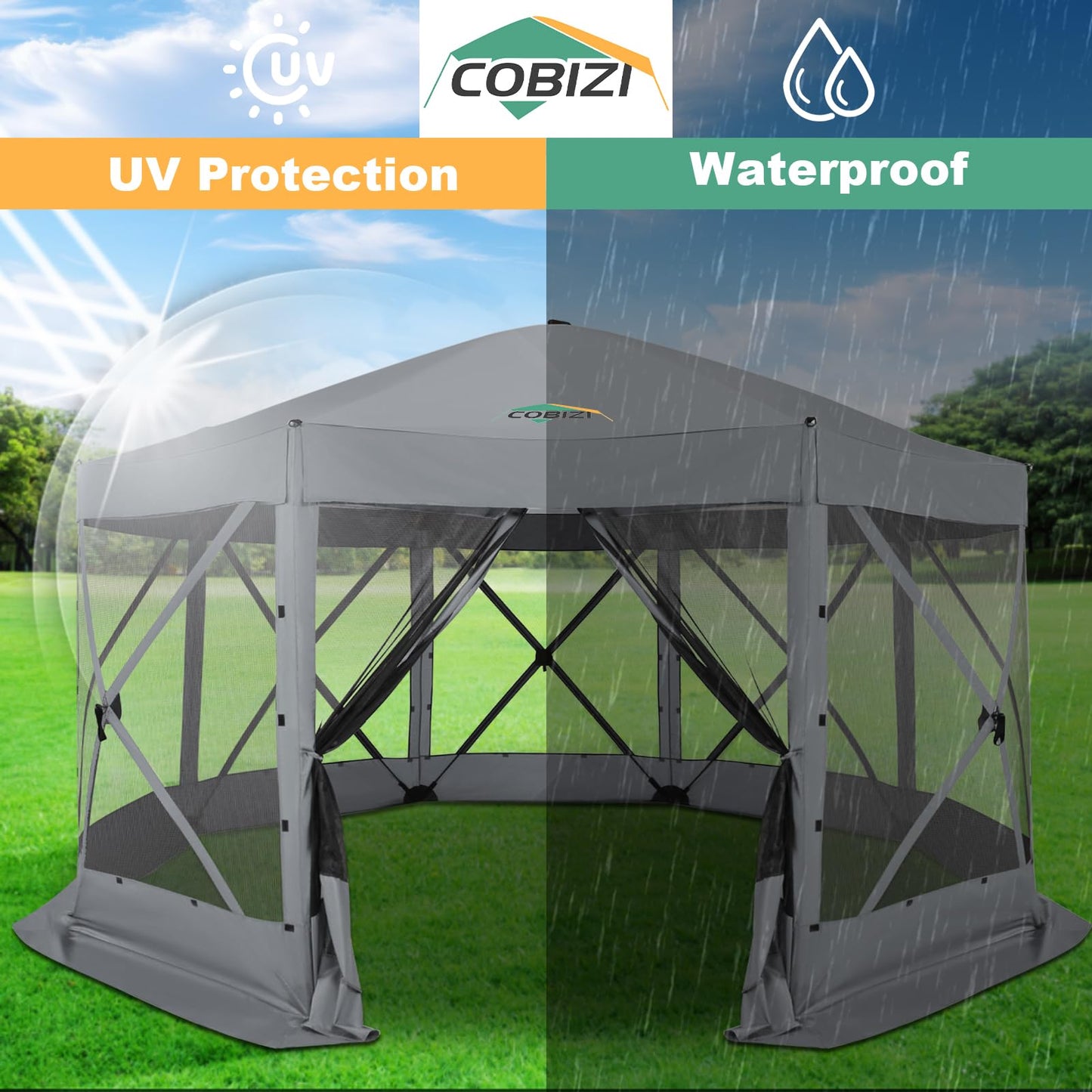 COBIZI 15x15 FT Pop Up Gazebo - Canopy Tent, Large Gazebos On Clearance,Instant Screened in Gazebo,carpas para Patio,Portable Screen Tents for 12-15 Persons Outdoor Camping, Backyard,Gray
