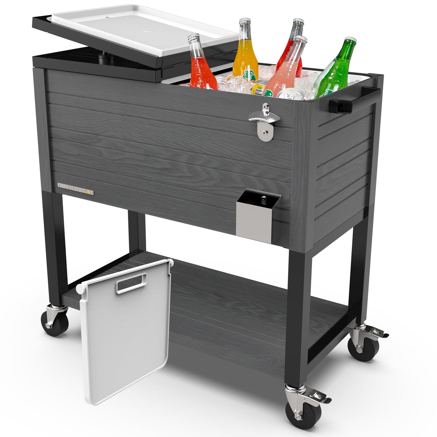 Permasteel Party Cooler with Divider, Spacious 80-Qt Capacity, Chills 36hrs, Rolling Ice Chest for Indoor and Outdoor Entertainment, Wood Grain Finish, Gray