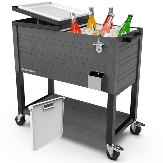 Permasteel Party Cooler with Divider, Spacious 80-Qt Capacity, Chills 36hrs, Rolling Ice Chest for Indoor and Outdoor Entertainment, Wood Grain Finish, Gray