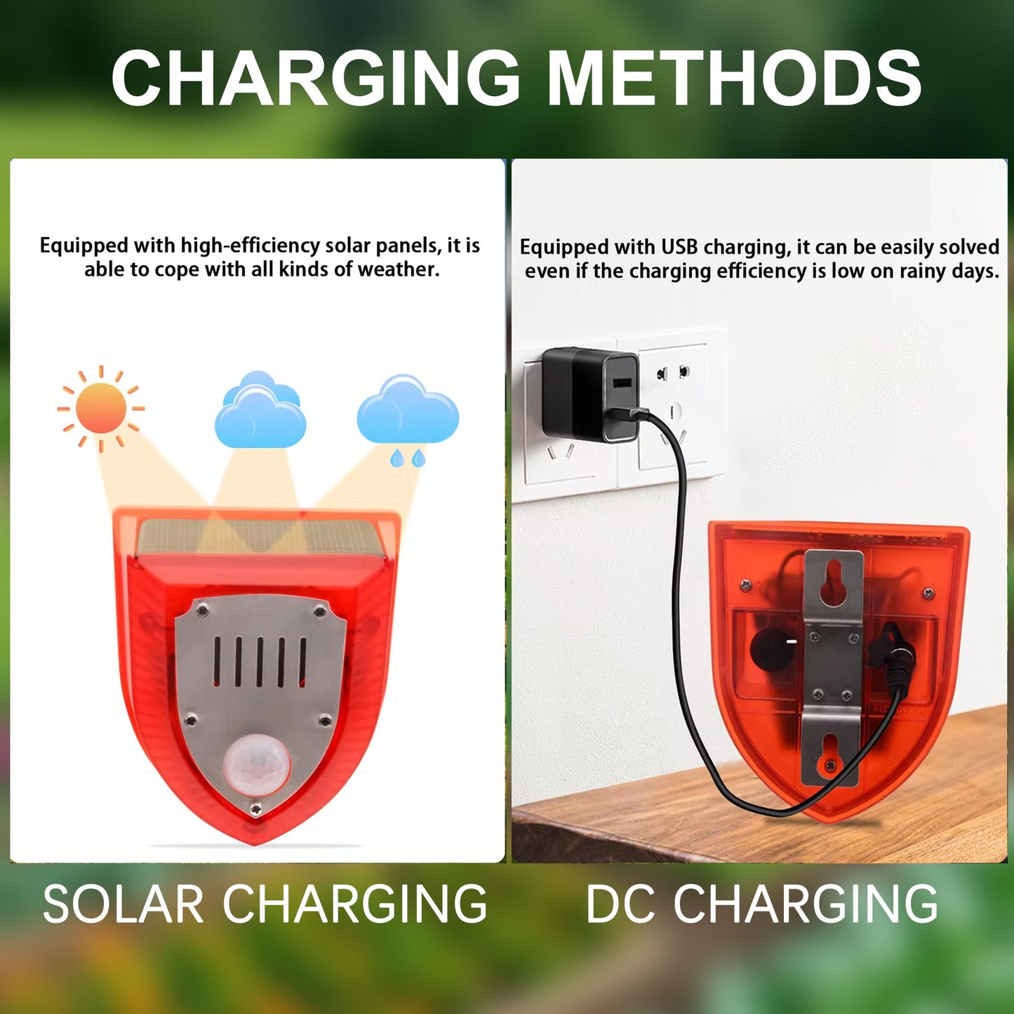QXMH Solar Outdoor Motion Sensor Alarm: 129db Dog Barking & Gunshot Sound,Loud Motion Detector Noise Maker,Barking Dog Alarm Strobe Light Warning Lamp for Home Yard Barn