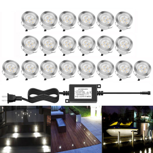 QACA Deck Lights Outdoor Waterproof Low Voltage Lighting Kit Stainless Steel 1W Outdoor Yard Garden Decoration Lamps Landscape Pathway Patio Step Stairs Silver Border(20pcs,Cool White)