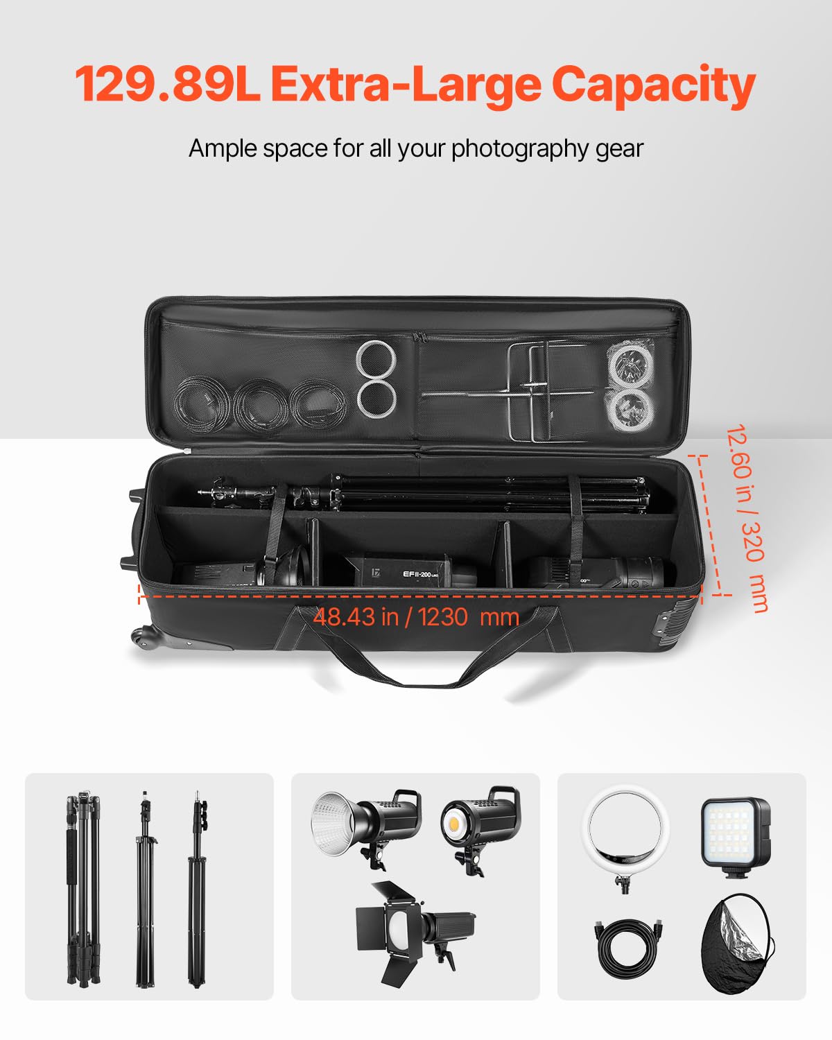VEVOR Studio Equipment Trolley Case, 51.57 x 14.37 x 14.96 in / 131 x 36.5 x 38 cm, Rolling Camera Bag, Carrying Bag with Wheels Straps Padded Compartment Handle, for Light Stands, Tripods, Telescopes