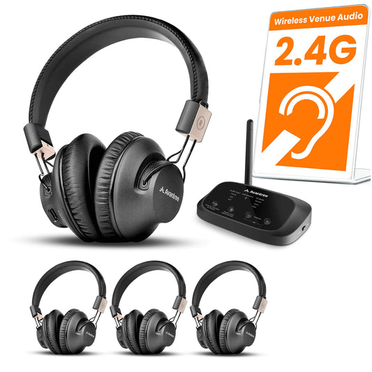 Avantree Quartet 2 - Wireless Group Listening Headphones & Transmitter for TV, Church, Classroom, Silent Discos, Plug & Play, 2.4GHz Expandable Multi-Headphone System with Low Latency & Clear Voice