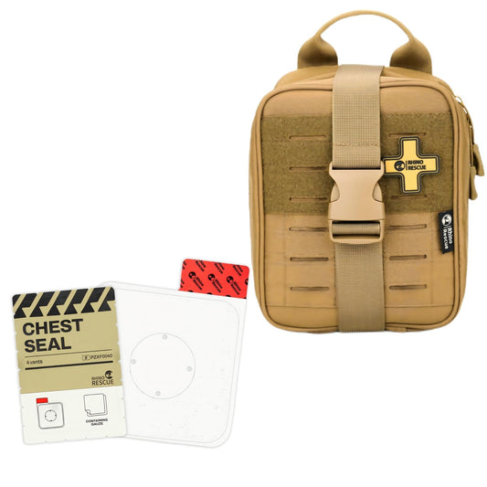 Rhino RESUE Bundle-Vented Chest Seal, 4 Vents, Sterile Emergency Trauma Dressing, Occlusive Adhesive Pad+Trauma Kit with C-A-T Tourniquet, Tactical First Aid Kit Molle Pouch for Military