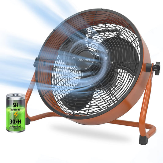 MOCIFI Battery Operated Fan 12-Speed Rechargeable Floor Fan High Velocity Portable Cordless Outdoor Fan, USB Output For Phone, for Camping, Travel, Patio, Indoor, Orange, 12 Inch