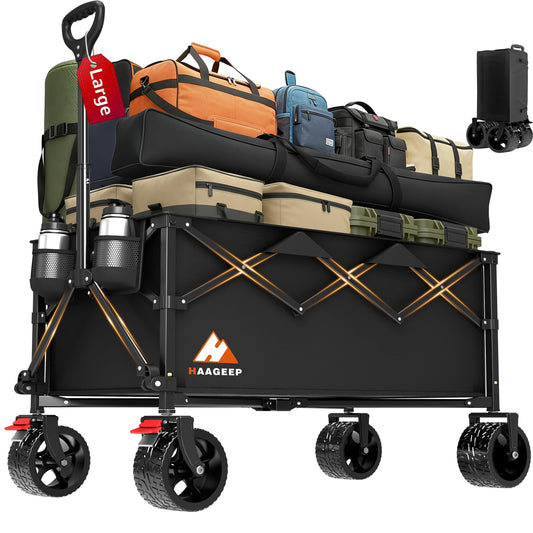 Collapsible Wagon Cart with Wheels Foldable - Folding Utility Heavy Duty Wagons Carts for Grocery Sports Garden Shopping Camping Wheelbarrows (Black, 220L)