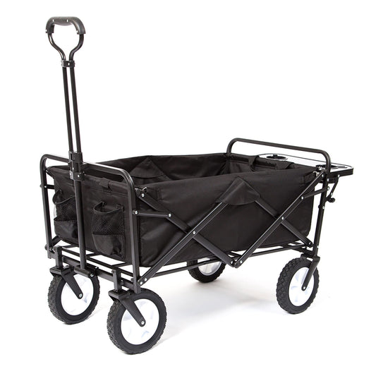 MacSports Collapsible Outdoor Utility Wagon with Folding Table and Drink Holders, Black