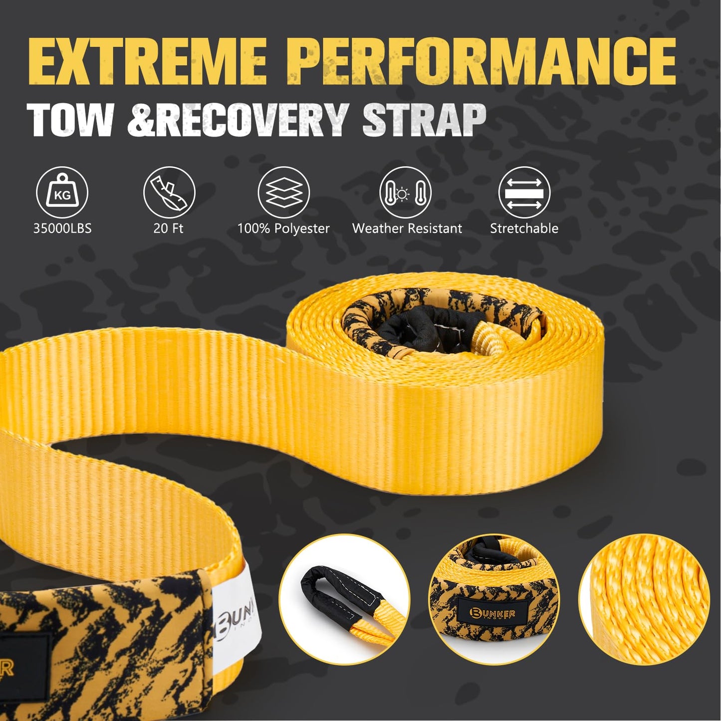 BUNKER INDUST Offroad Traction Boards with Jack Base (Gen 8) Black + Heavy Duty Tow Strap Recovery Kit
