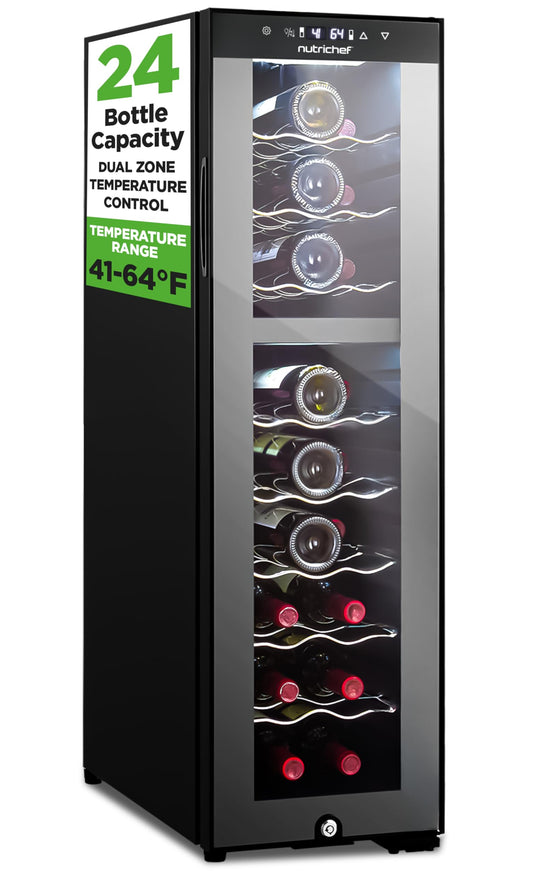 NutriChef 24 Bottle Wine Fridge | Dual Zone Chiller | Adjustable Temperature 41°F to 64°F | Ultra Quiet Operation | Wine Cooler for Home, & Office | FreeStanding 39x11x23 in (Black)