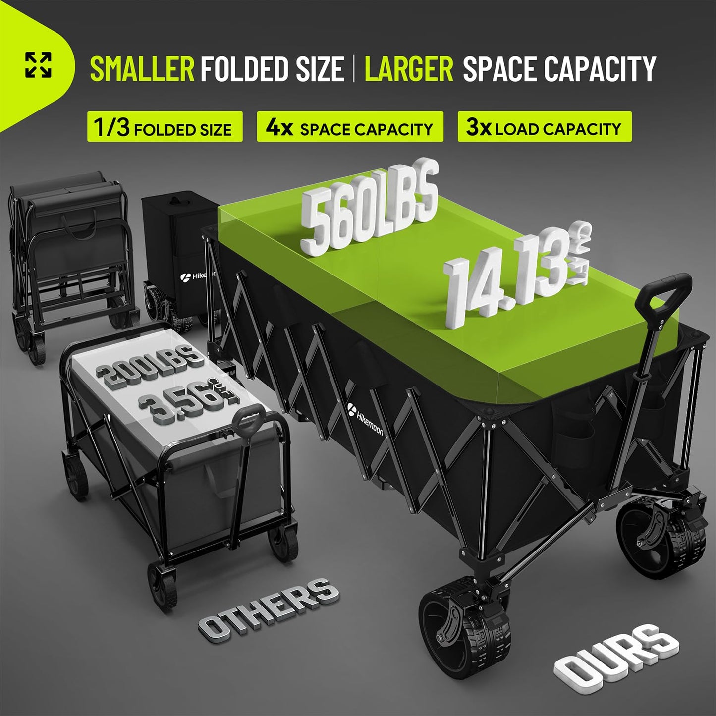 Hikemoon 400L Large Wagons Carts Foldable, 54" Extra Long Collapsible Beach Wagon with Big All-Terrain Wheels, 560LBS Heavy Duty Utility Folding Cart for Camping, Grocery, Sports, Garden, Black