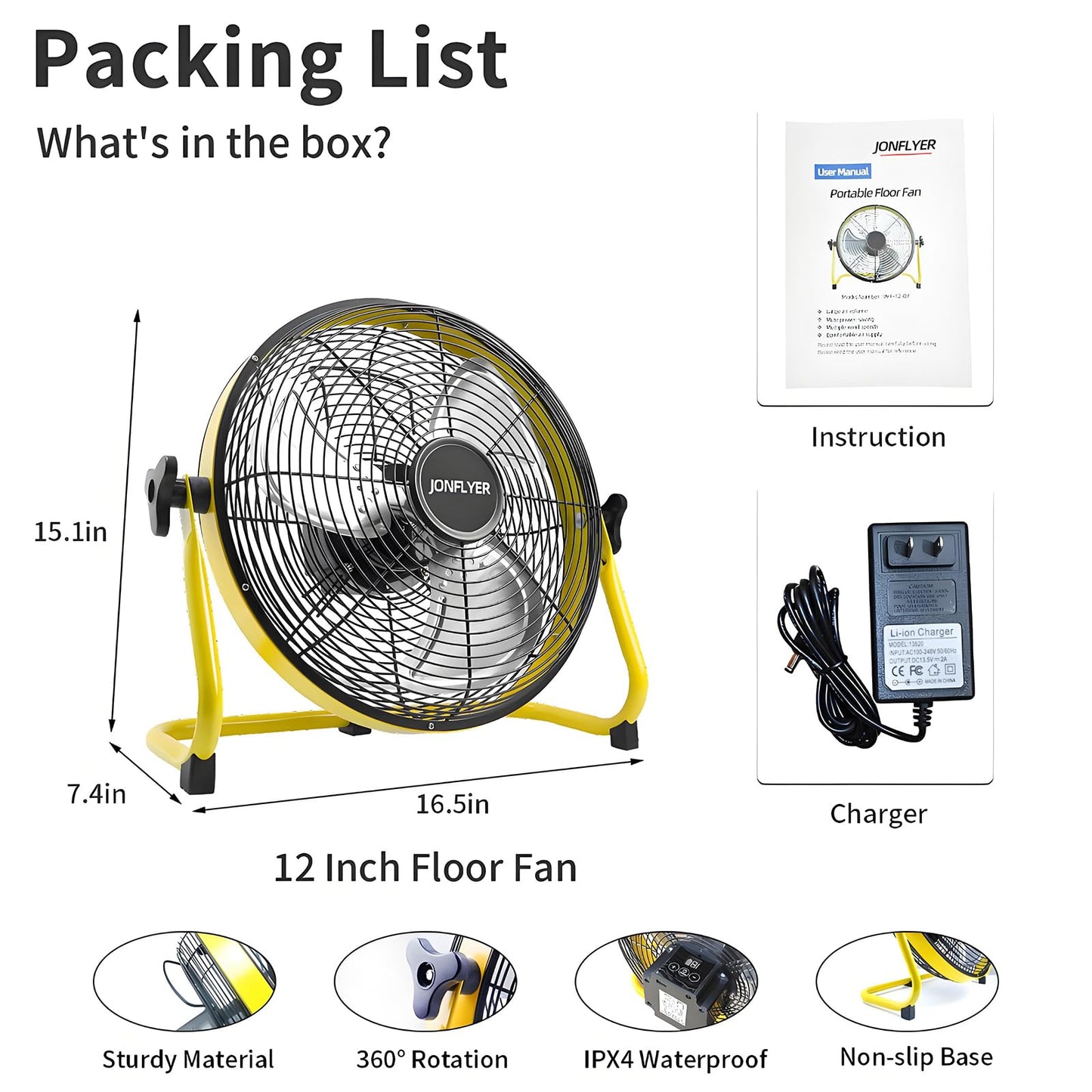 JONFLYER 12 Inch Portable Battery Operated Floor Fan, Rechargeable High-Velocity Cordless Fan with 12 Speed 360° Adjustable Tilt Quiet for Camping, Outdoor, Gazebo, Greenhouse, Gym, Garage