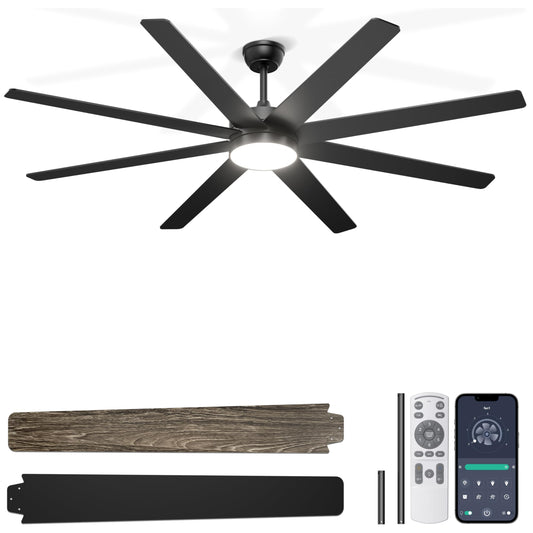 Phylluz 72'' Large Ceiling Fans with Lights, Modern Black Ceiling Fan Remote/APP Control, Dimmable, Quiet DC Motor Big Ceiling Fan for Indoor/Covered Outdoor