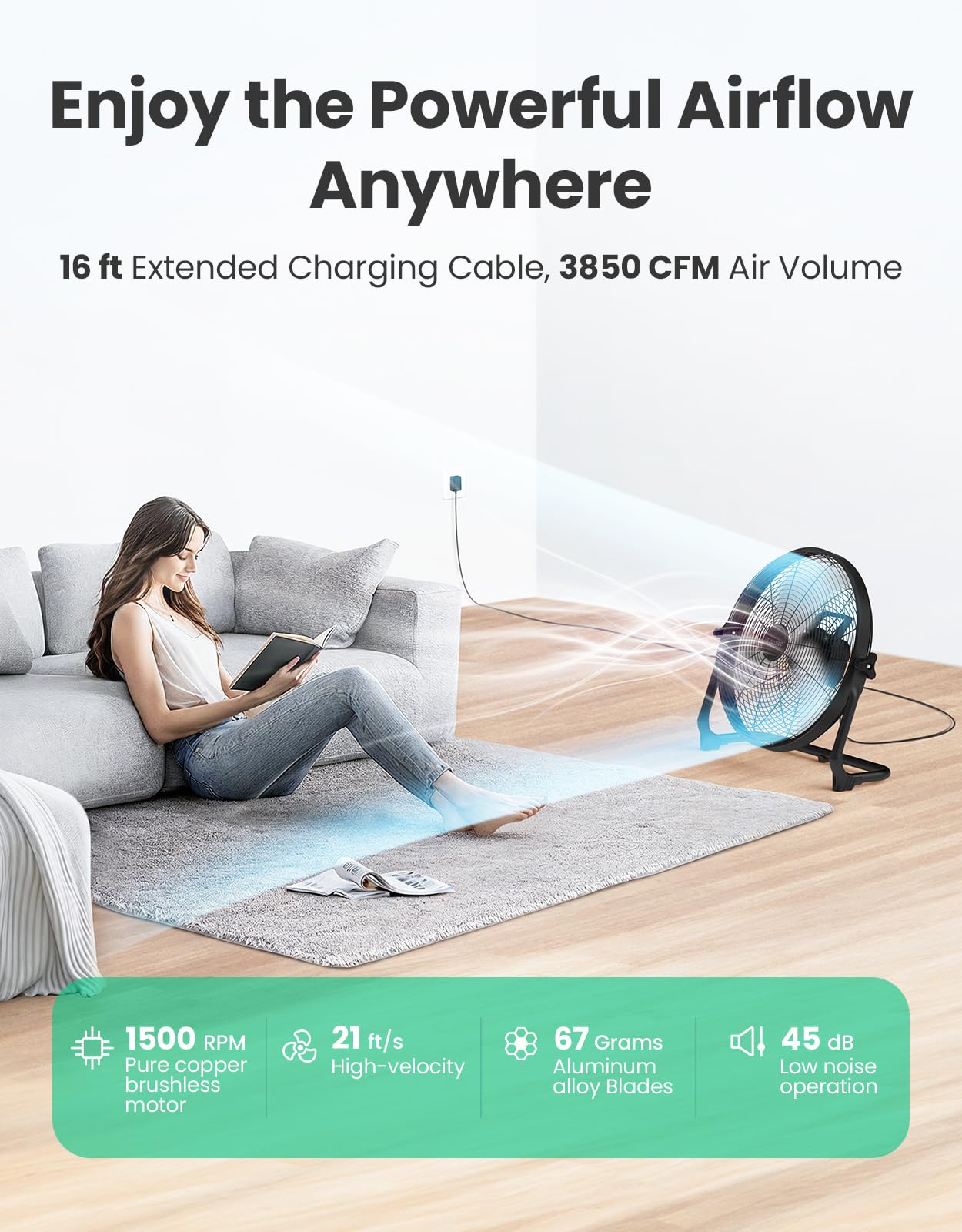 Tonree 18" Portable Battery Operated Floor Fan, Hi-Velocity Rechargeable Cordless Fan, USB Phone Charge, 12-60H Runtime, Quiet, Wireless, Hi-Airflow, For Camping Home Gym Patio Outdoor Summer Gazebo