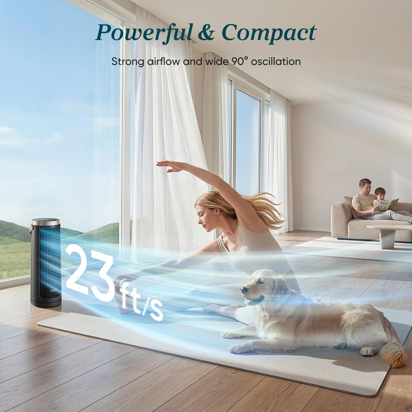 LEVOIT Tower Fan for Bedroom, 20dB Portable Fan with 23ft/s, Up to 20-Hour Battery Life, Easy-to-Carry Desk Fan, 5 Speeds 90° Oscillation, DC Motor, Night Light & Timer, Remoter, for Outdoors, Home
