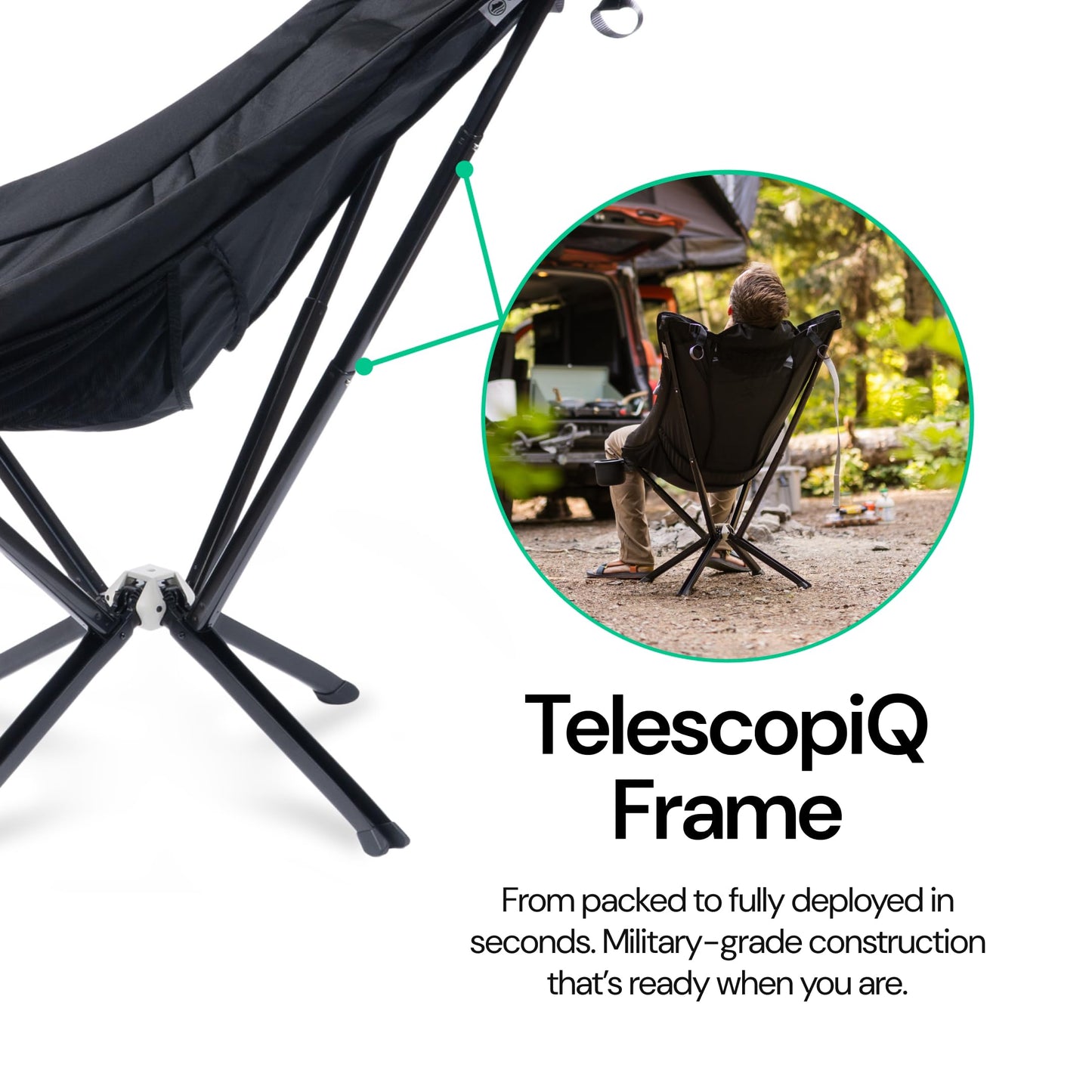 CLIQ EpiQ 1.0 Outdoor Camping Chair - High Backrest Integrated Pillow with MagiQ Hub for Quick Setup, Military Grade Frame Supports 400 lbs (Black)