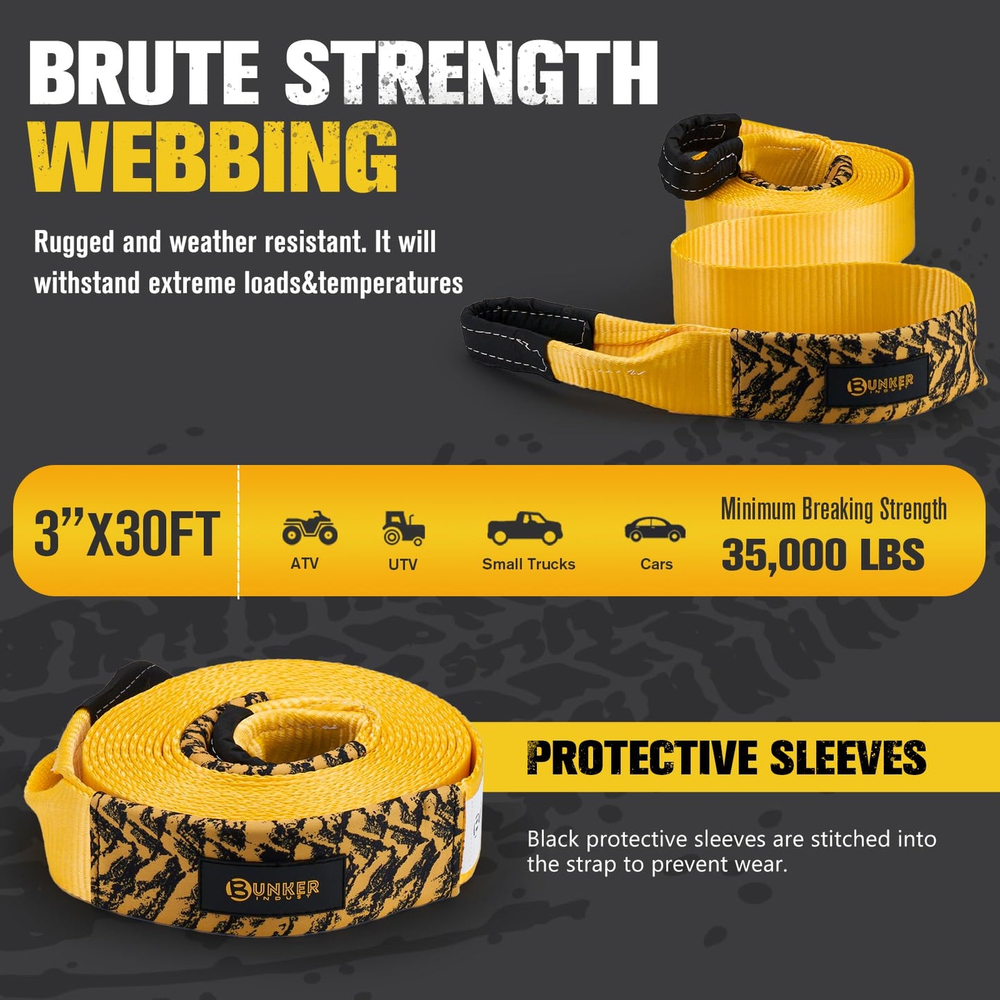 BUNKER INDUST Off-Road Traction Boards with Jack Lift Base (Gen 9) Orange + 3" x 30ft Tree Saver Winch Strap 35,000 lbs Recovery Straps