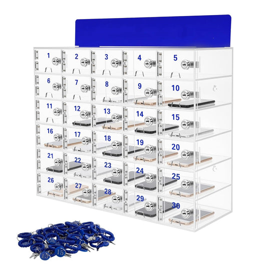 Lemoeyes Acrylic Cell Phone Locker Box, 30 Slots Clear Cell Phones Storage Cabinet with Door Lock Keys and Charging Slot, Tabletop/Wall-Mounted Pocket Locker for Office Classroom Conference Room