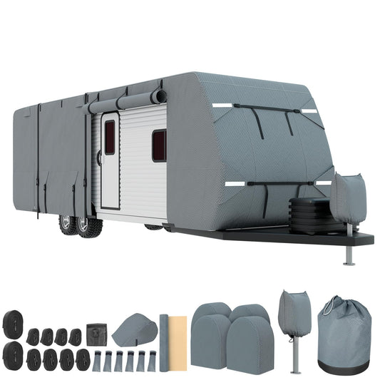 Mofeez Travel Trailer RV Cover, Extra-Thick Upgraded 7 Layers for Camper Cover 27'-30' Windproof Waterproof Rip-Stop RV Covers with Adhesive Repair Patches, 2Pcs Extra Straps & 4 Tire Covers