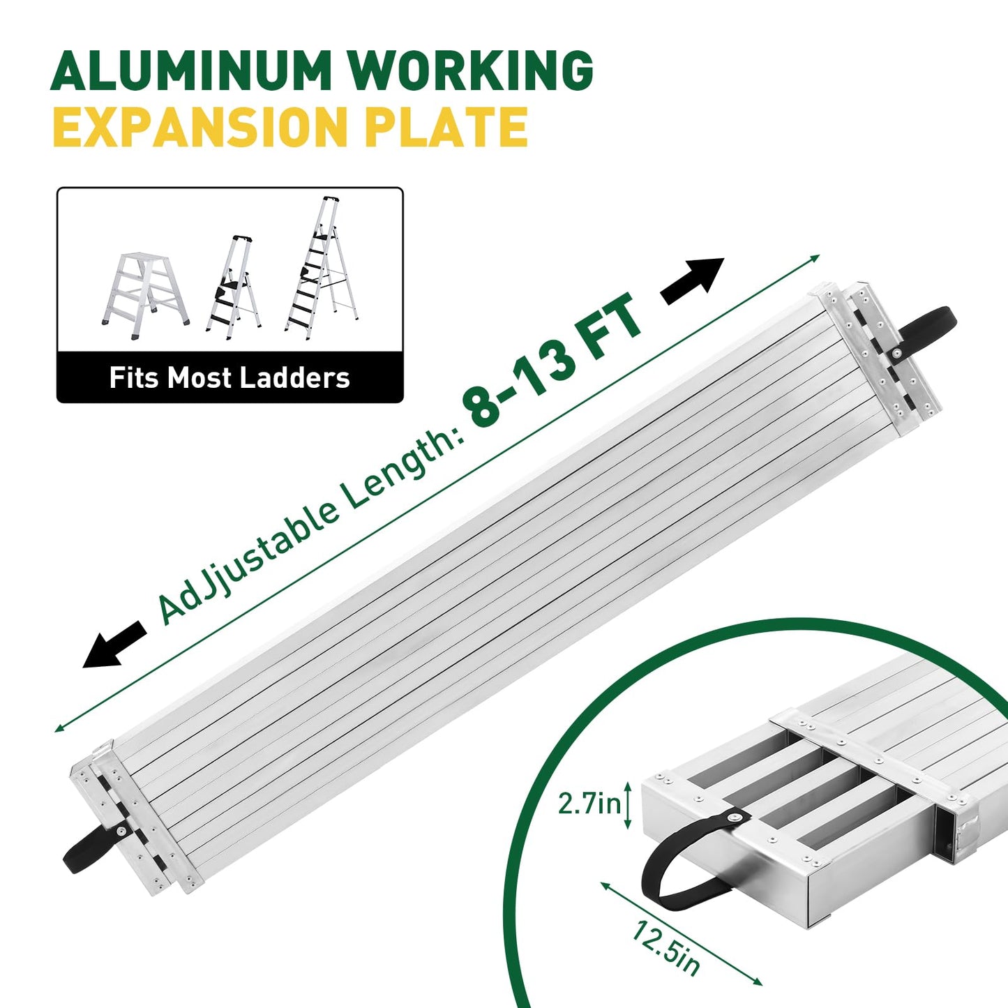 8–13 ft Aluminum Telescoping Plank, 440 Lbs Load Capacity Adjustable Extension Work Platform, 12.5" w x 2.7" h Non-Slip Scaffolding Plank for Ladder, Scaffold, Painting, and Maintenance Projects