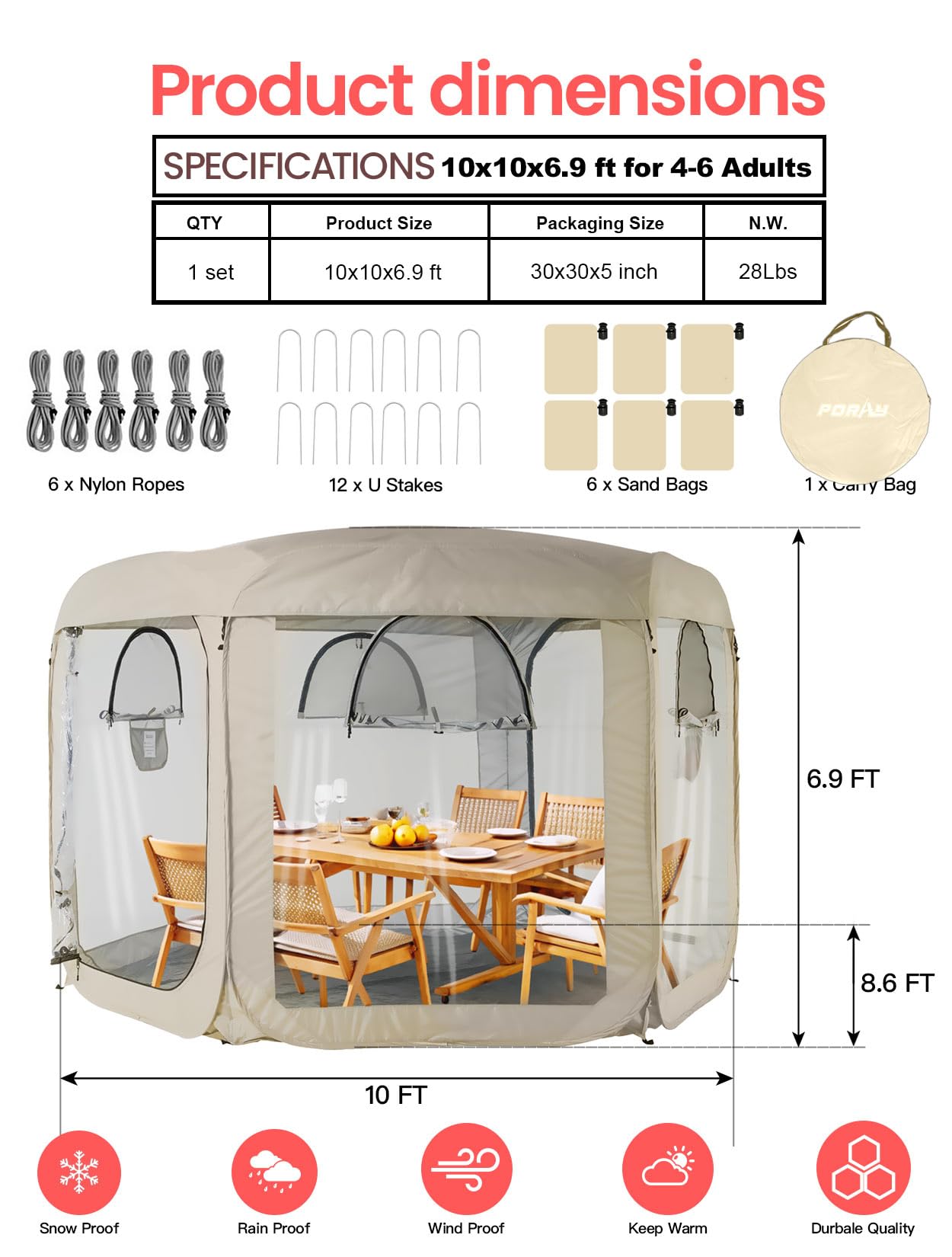 Porayhut Pop up Bubble Tent Screen House 10’X10’Large Camping Sun Shelter,Weather and Cold Proof Pod with Detachable Sunshade Cloth,Waterproof Floor,2 Zipper Doors & 4 Mesh Breathable Windows