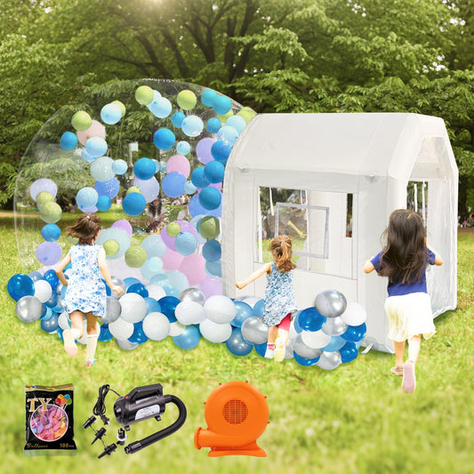 10ft Inflatable Bubble House Dome with Tunnel for Kids, Clear TPU Balloon Tent for Parties, Includes 450W Air Blower & 600W Air Pump
