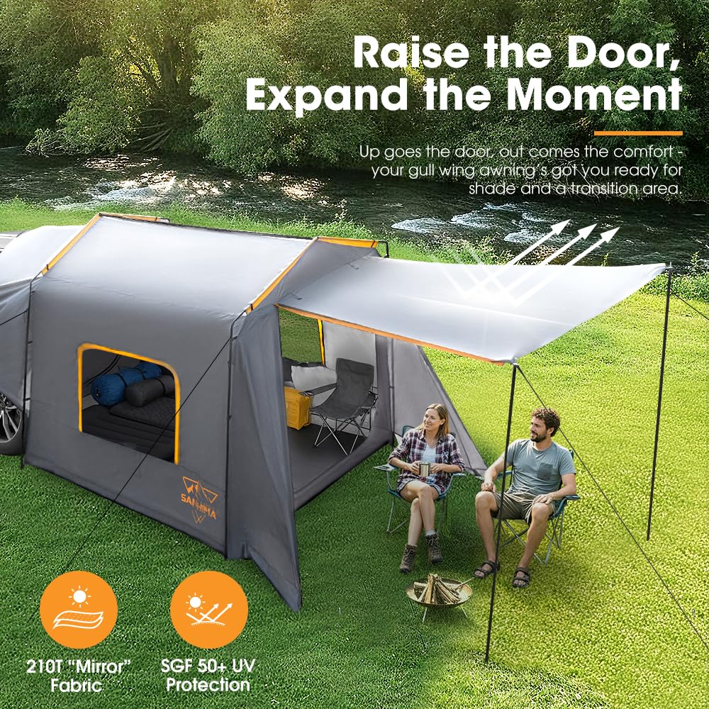 SanHima SUV Tent for Camping with Gull Wing Awning - Waterproof Up to 8 Person Car Tent for Family, Van Jeep CUV Model Y, 8Ft x 8Ft x 7.6Ft
