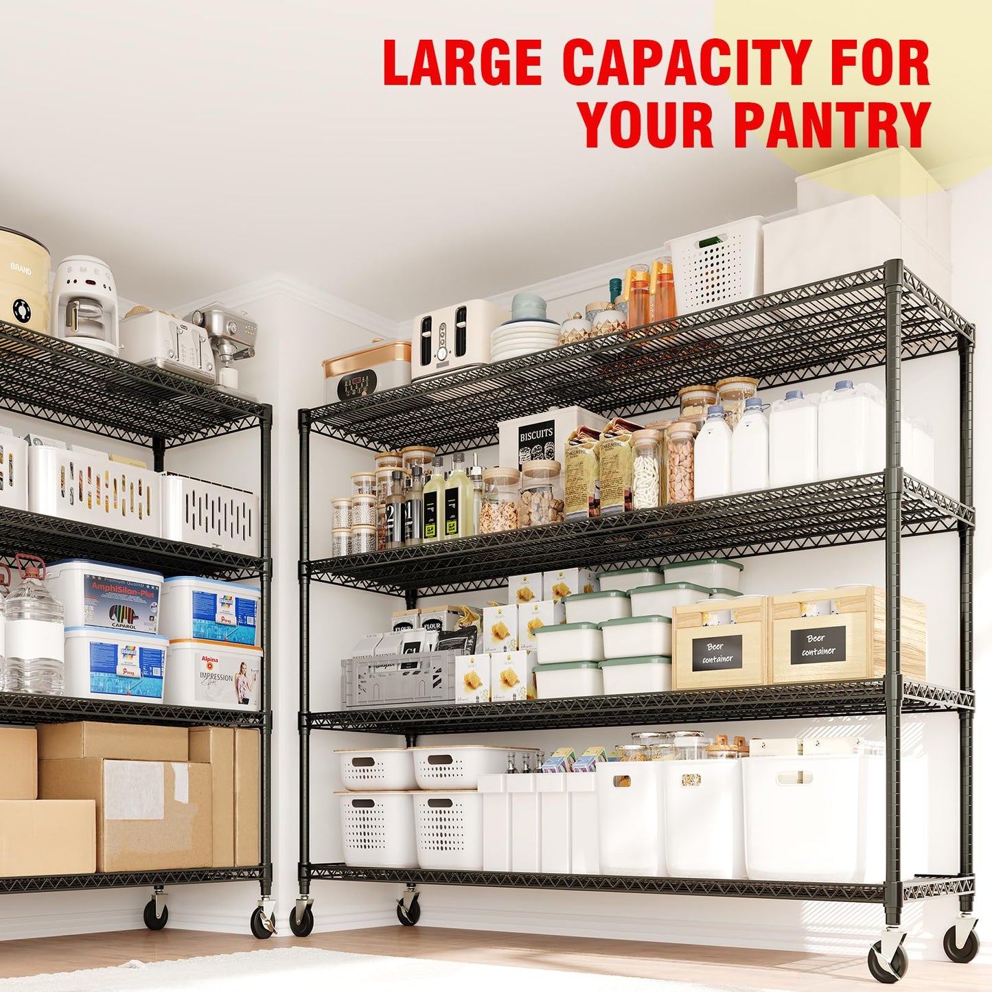 IDEALHOUSE Storage Shelves with Wheels, 74" H x 59" W x 24" D 4 Tier Adjustable Wire Shelving Unit, 2640 Lbs Capacity Heavy Duty Metal Storage Rack for Garage, Pantry, Kitchen, Warehouse