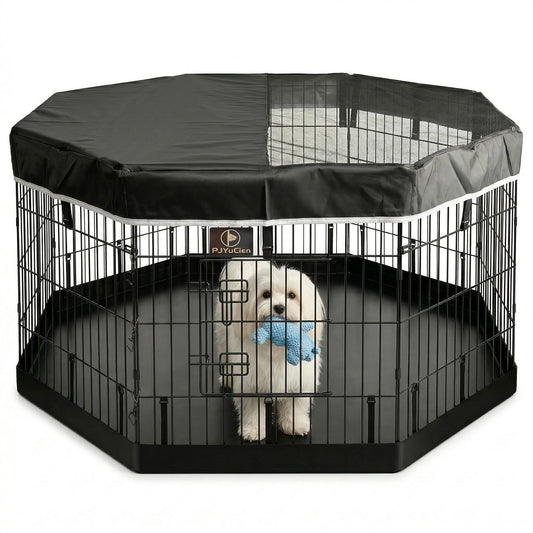 PJYuCien Octagonal Dog Playpen with Top Cover and Bottom Pad - Metal Foldable Exercise Pen, 8 Panels 24" H x 24" W Indoor Outdoor Pet Fence Puppy Crate Kennel, Black