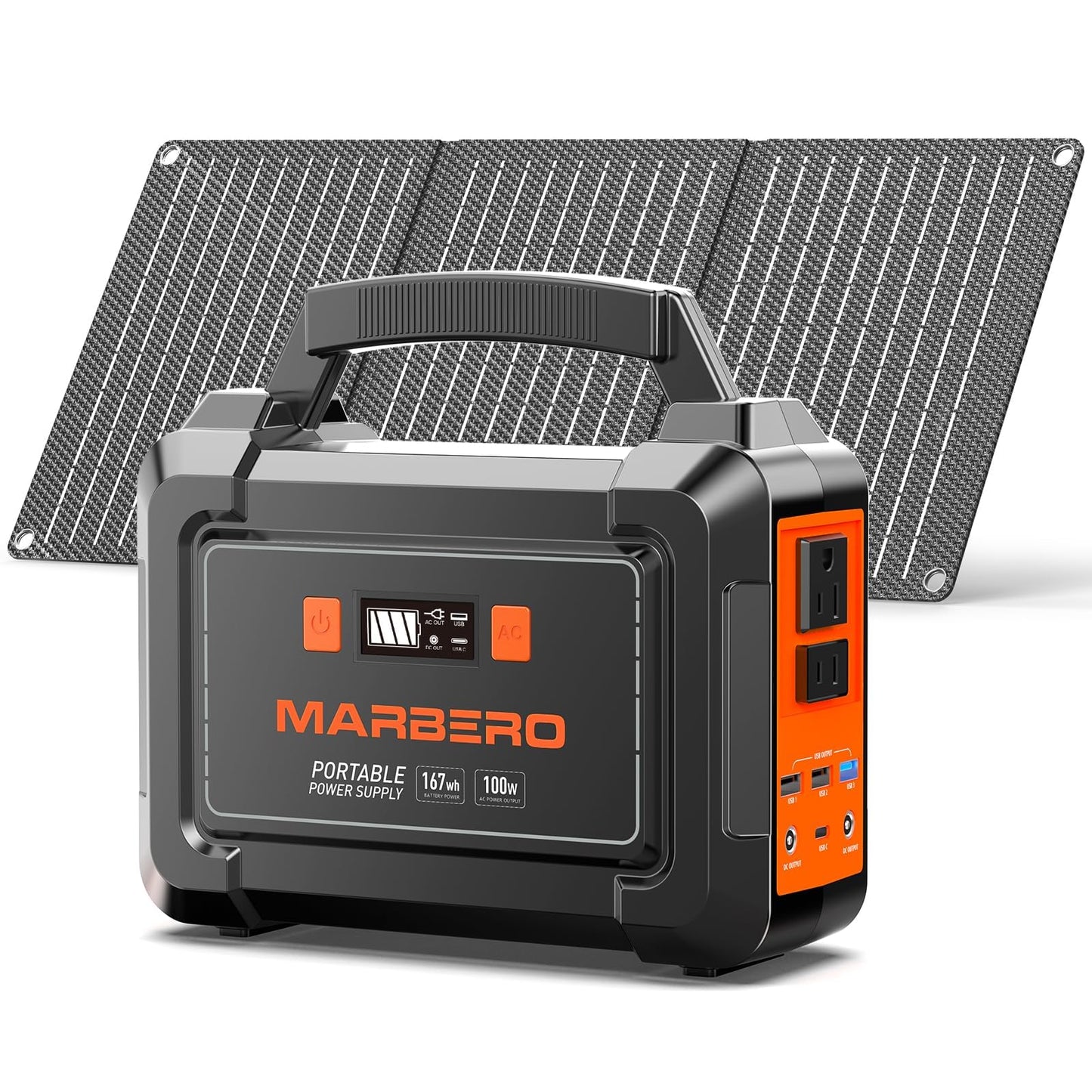 MARBERO Solar Generator 162.8Wh Camping Portable Power Station 200W Peak with Foldable Solar Panels 30W with AC Outlet 110V Multi-Port LED Flashlights for CPAP Home Camping Hurricane Emergency