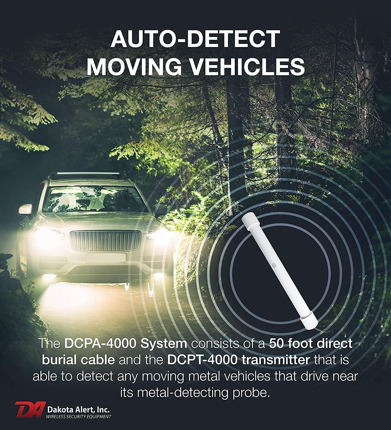 Dakota Alert Driveway Alarm Sensor - DCPA-4k Plus Driveway Alarms Wireless Outside Weatherproof Alert System, 1-Mile-Long Range Sensors, Receiver & Vehicle Detecting Probe Transmitter & 50' Wire