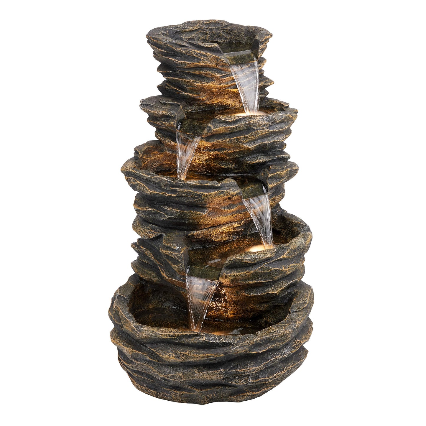 Alpine Corporation 39" Tall Outdoor 5 Tiered Natural Look Rock Water Floor Fountain with Replaceable Lights, Brown