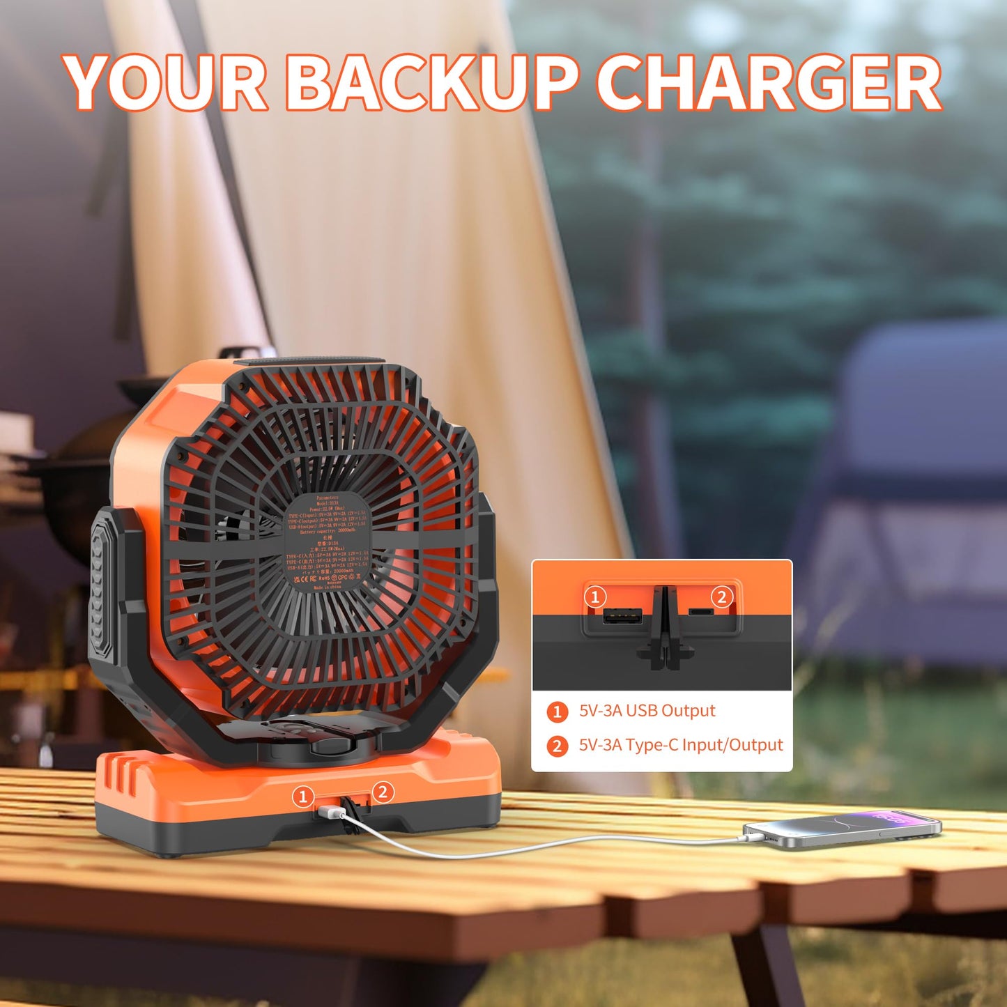 MORECORE 68HRS Running Camping Fan with Light, 20000mAh Battery Rechargeable, Powerful 4 Speeds & Auto Oscillating, with Timer & Hook, for Travel Tent RV Emergency Hurricane Jobsite Garage-Orange